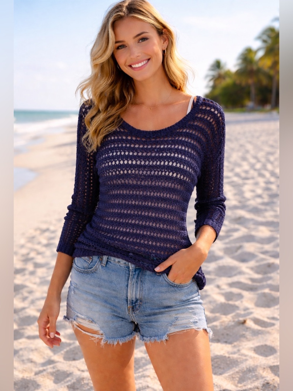 INC International Concepts Open Knit Beach Sweater Size XS Petite Navy